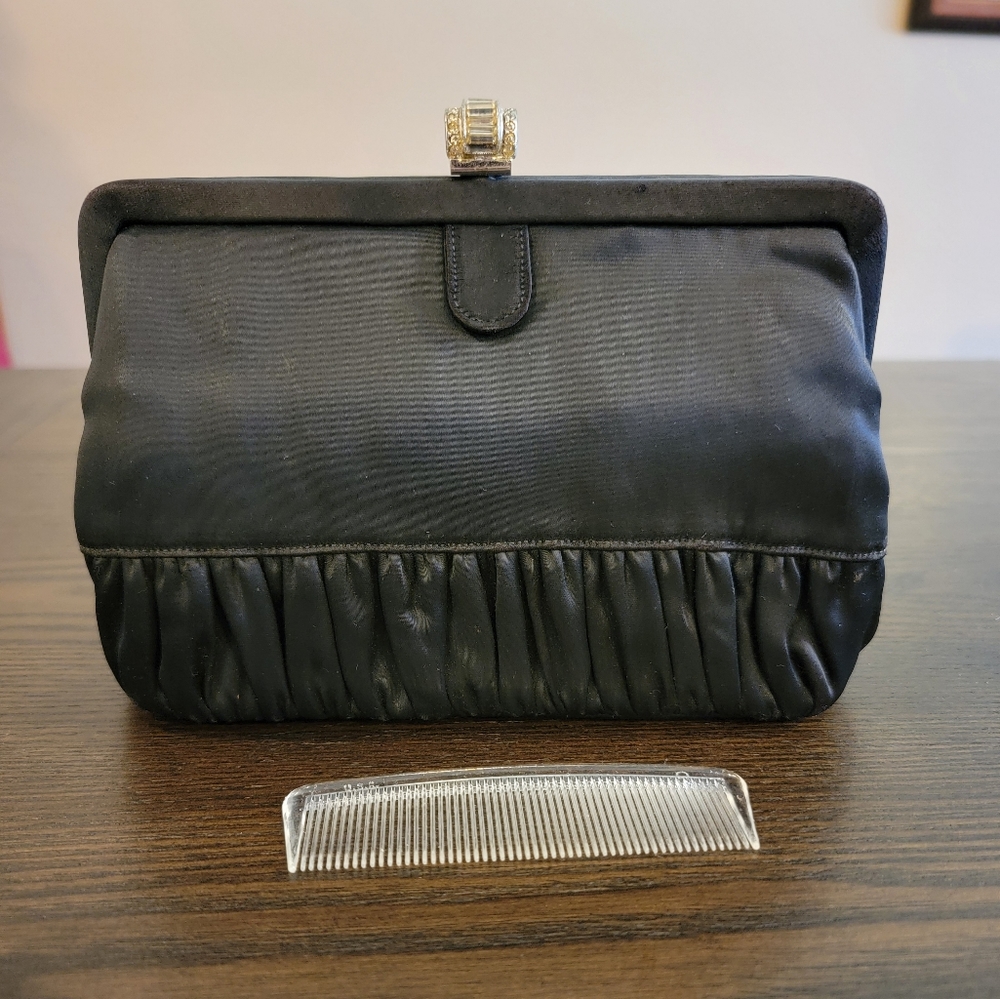 Vintage MCM Mel-Ton Satin Black Clutch Ruched